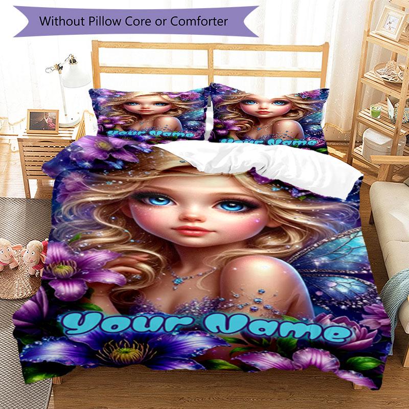 3pcs Custom Name Fantasy Fairy Garden Bedding Set Printed Bedding Set Duvet Cover Closure Includes 1 Duvet Cover & 2 Pillowcases Bedroom Decor