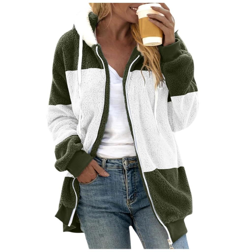 Women's Fashion Color Block Loose Long Sleeve Coat Hooded Plush Zip Jacket