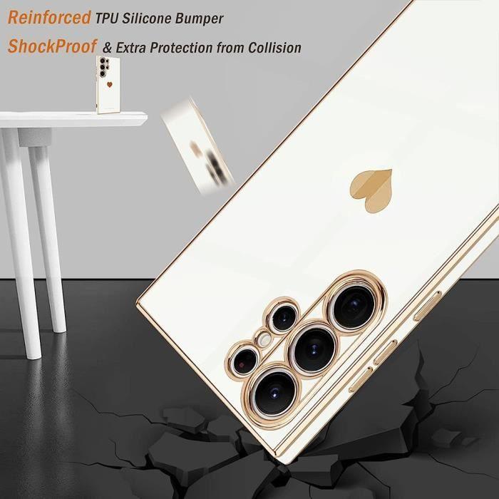 Silicone Case - BOOLING - for Samsung Galaxy S24 Ultra - White - Heart Pattern - Flexible TPU with 2 Tempered Glasses