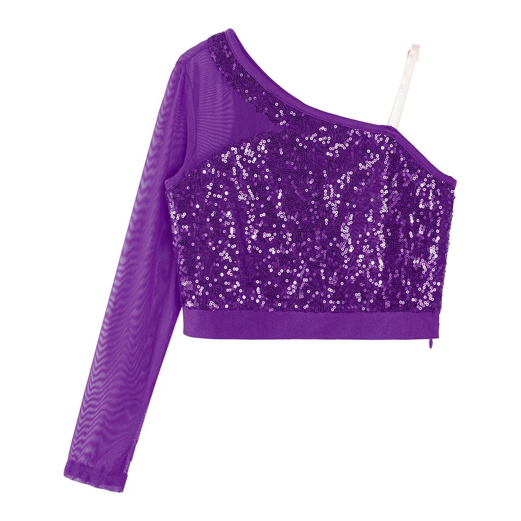 Детский танцевальный топ с блестками для девочек, прозрачный сетчатый укороченный топ с длинными рукавами и молнией на одно плечо для выступлений на сцене, соревнований