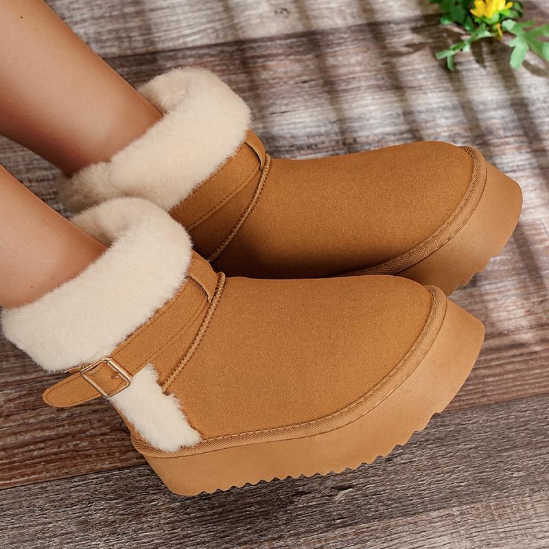 Soft Non Slip Thick Bottom Furry Snow Boots Women 2025 Winter Warm Fluffy Fur Ankle Boots with Platform Metal Buckle Plush Shoes