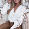 Women V-neck Hollow Lace Stitching Long Sleeve Shirt Faux Pearls Buttons Cuffs Solid Color Shirt Tops Streetwear