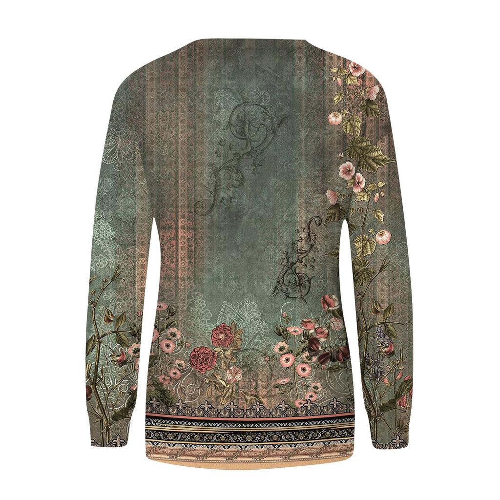 Women's Round Neck Tops Cotton Women's Casual Fashion Print Long Sleeve O-Neck Pullover Top Blouse
