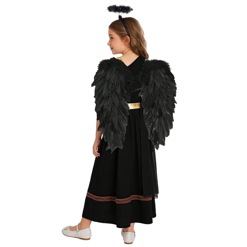 Girls 3 Pieces Greek God Roman Costume Outfit Metallic Gloss Patchwork Sleeveless Dress with Feather Angel Wings and Hair Hoop Cosplay Stage