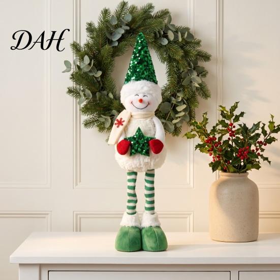 Standing Snowman Decor Christmas Plush with Extendable Legs, Sequins Hat Holding Star Table Centerpieces Doll, Long Legs Xmas Decoration Retractable