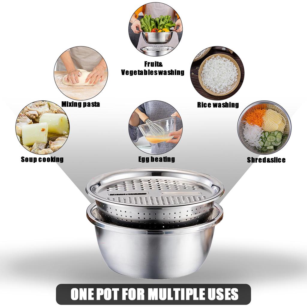 3 in 1 Kitchen Basin Grater, Colander Cutter with Strainers 10.2 Inch Stainless Steel Mandoline Rice Washing Pasta Mixing Dough Knding Bowls