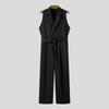 INCERUN Men Lapel V Neck Solid Color Jumpsuits Casual Zipper Long Rompers