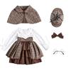 Girls Vintage Plaid Detective Costume Set With Cape Long Sleeve Dress Halloween Stage Performance