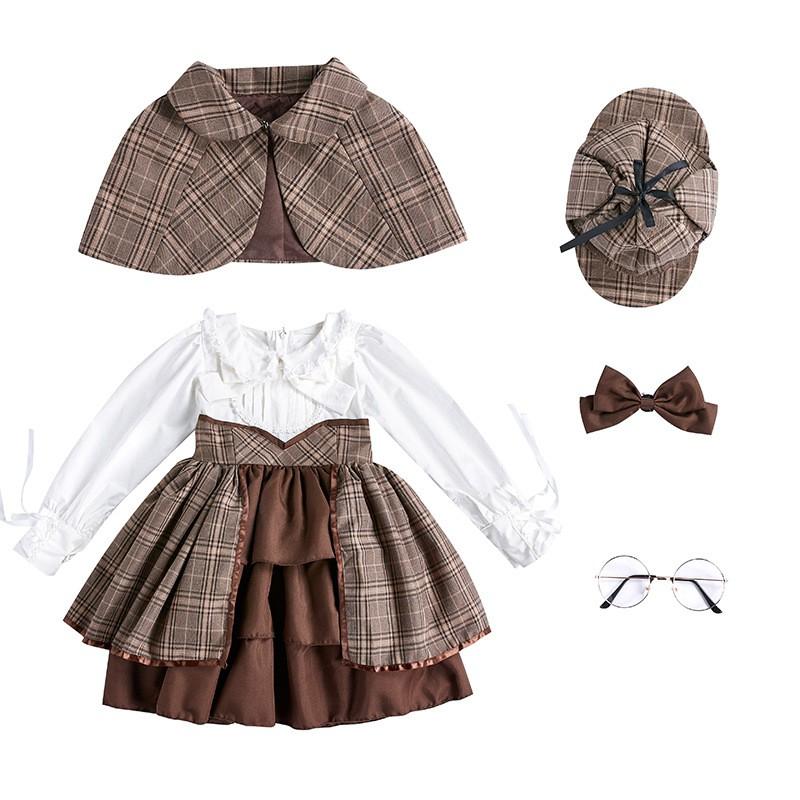 Kids Plaid Detective Dress Set British Style Cape Halloween Stage Performance Costume