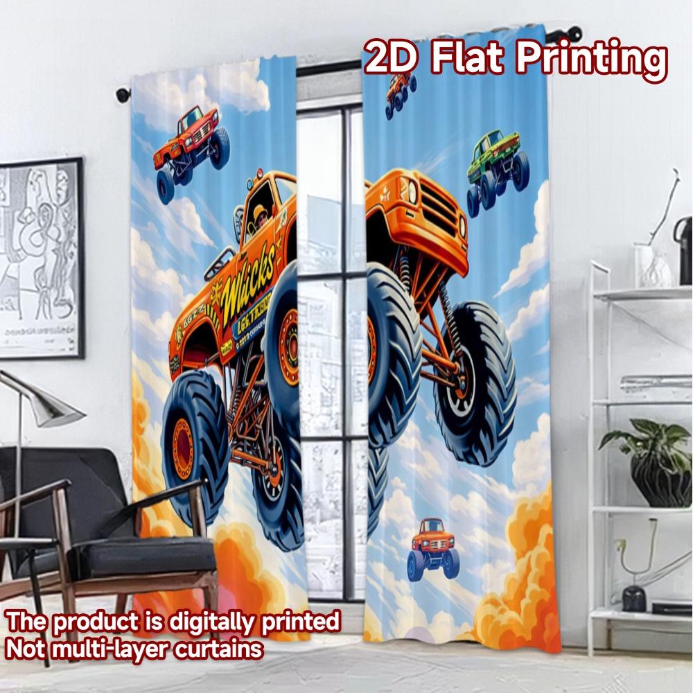 2D FLAT PRINTING 2pcs Curtains (Without Rod) Flying Monster Trucks Print Chic Curtains Versatile Polyester Curtains Valentine