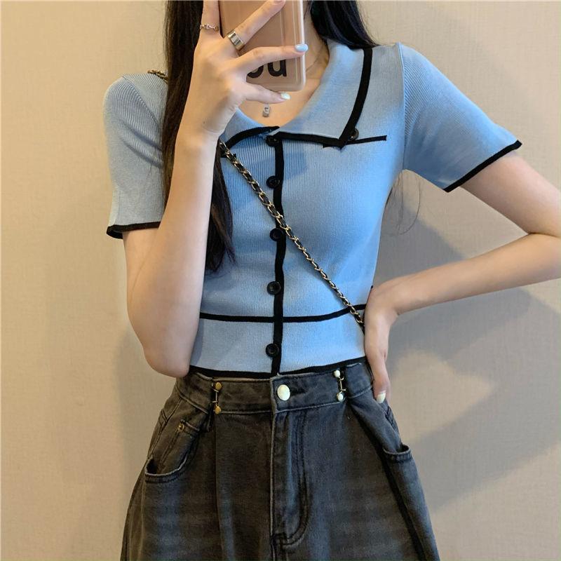 Футболка с короткими рукавами и воротником-поло для женщин, летний дизайн, облегающий короткий топ, топ Spicy Girl