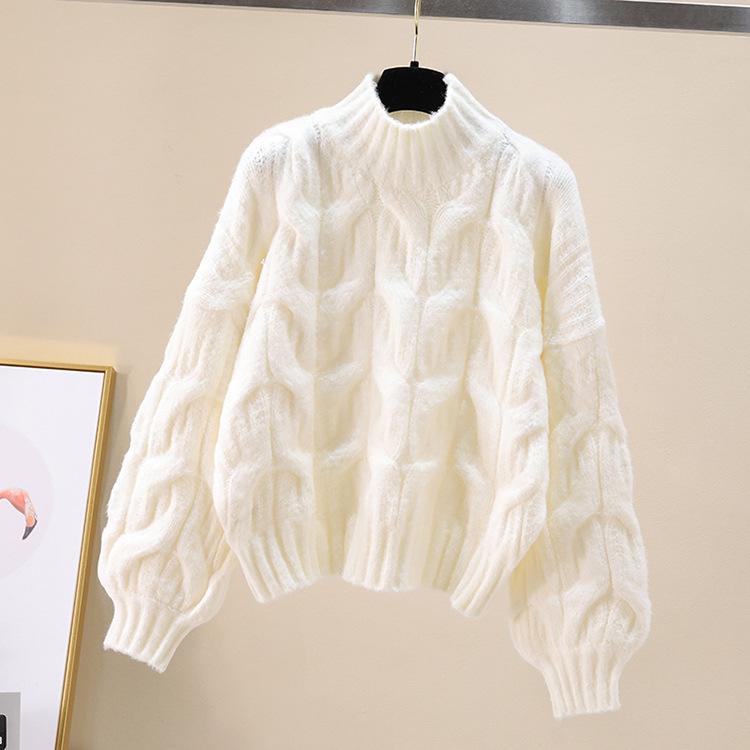 Women's Lantern Sleeve Cable Knit Cardigan - Autumn/Winter Korean Loose Style Sweater