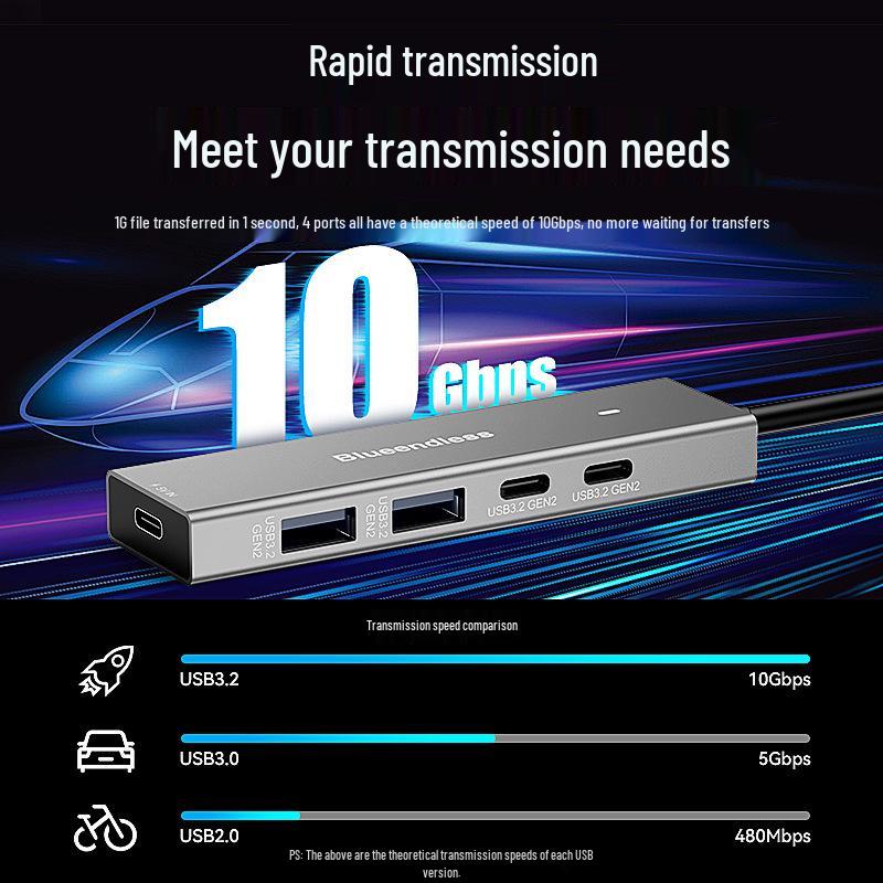 Концентратор USB-C: Разветвитель USB 3.2 Gen 2 на 2A+2C, 10 Гбит/с, Док-станция для расширения ноутбука и телефона