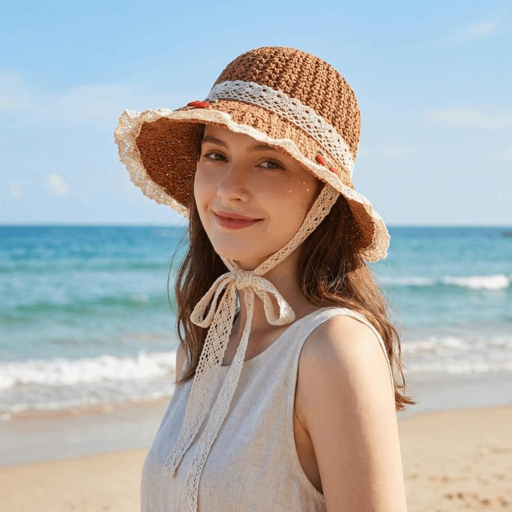 Cherry Embroidered Straw Fisherman Hat Lace Woven Bucket Hat Unique Women Sun Hat Ladies
