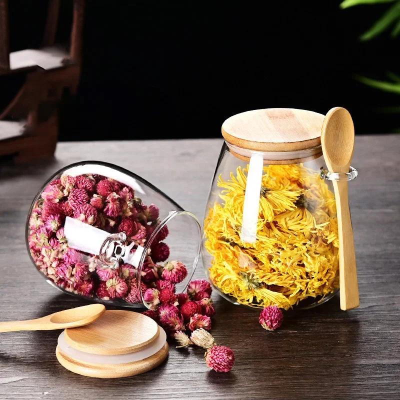 Transparent Glass Tea Jar with Lid Spoon Sealed Food Storage Containers Glass Jar Grains and Sugars Tea Can Sealed Storage Jars