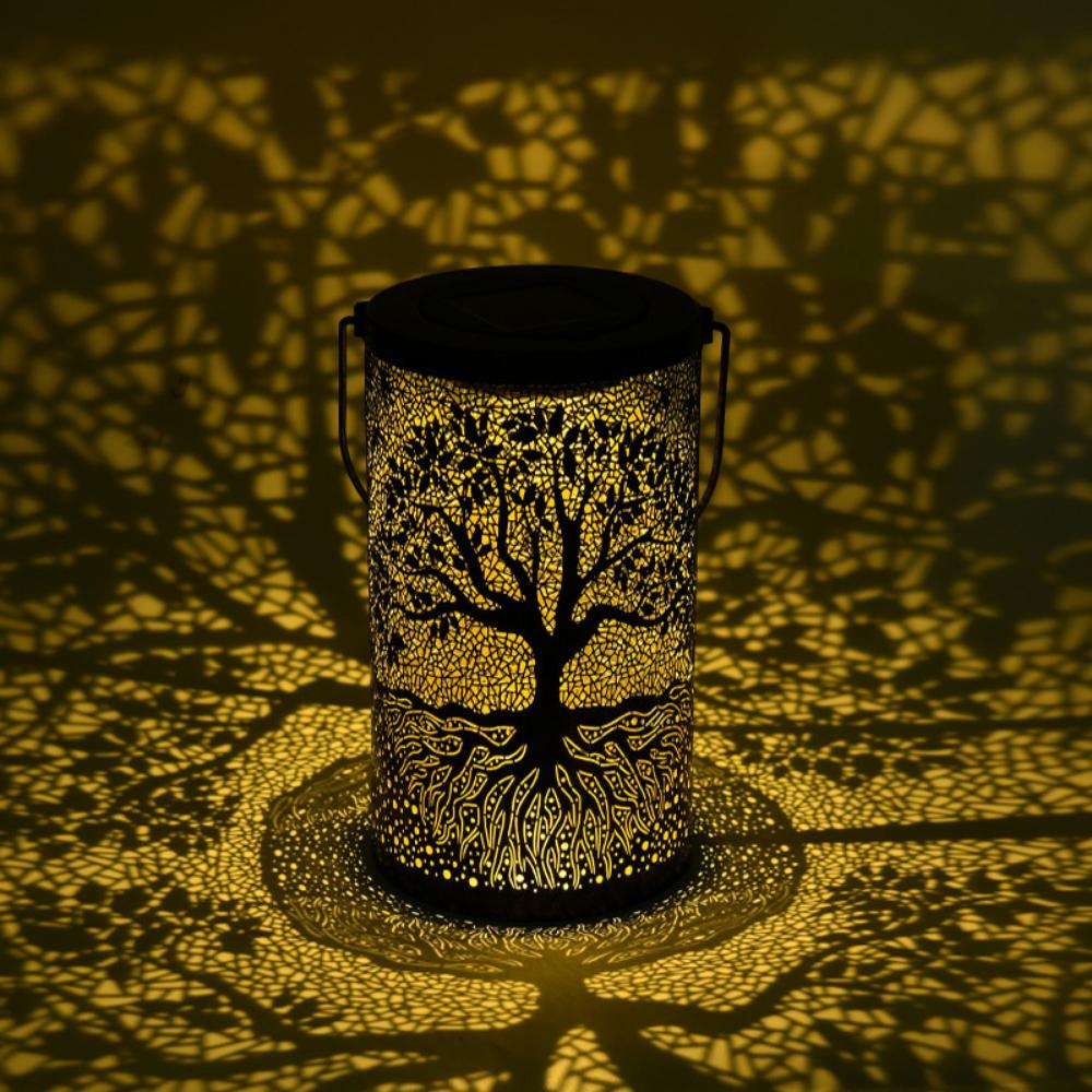 Лампа из кованого железа с большим деревом, открытый сад, солнечная лампа для просмотра, декоративная атмосфера, полая подвесная лампа