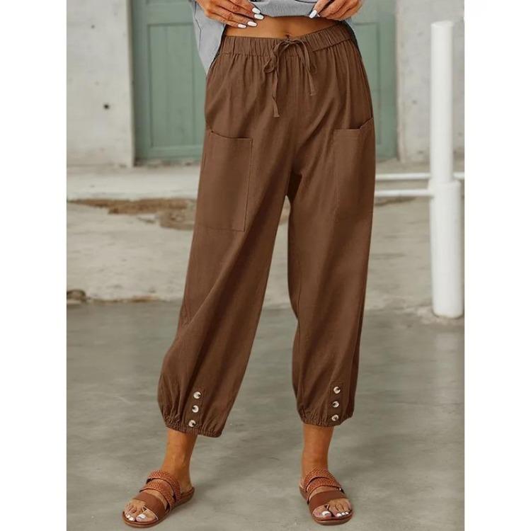 Осень Женские Хлопково-Льняные Эластичная Талия Высокая Посадка Широкие Штанины Свободные Прямые Брюки Однотонные Женские Брюки