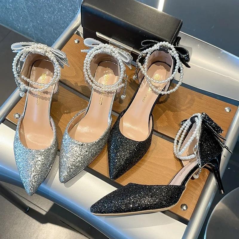 Новые французские элегантные женские туфли на высоком каблуке с острым носком и мелким ртом, с бантом и блестками, на тонком жемчужном каблуке, с одной туфлей