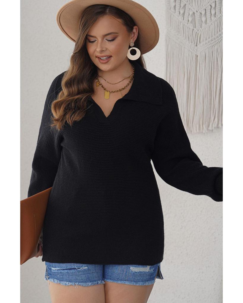 Azura Exchange Black Ribbed Knit Lapel Neck Curvy Sweater
