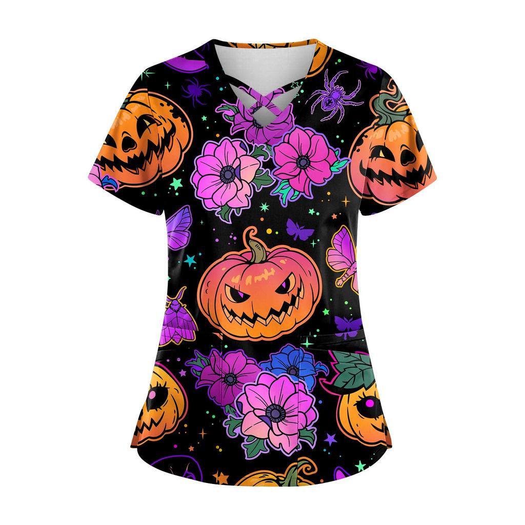 Плюс размерСкраб с принтом Рабочая форма Топы для женщин Крест V-образным вырезом Хэллоуин Принт с короткими рукавами Забавные футболки Спецодежда Футболка с карманами