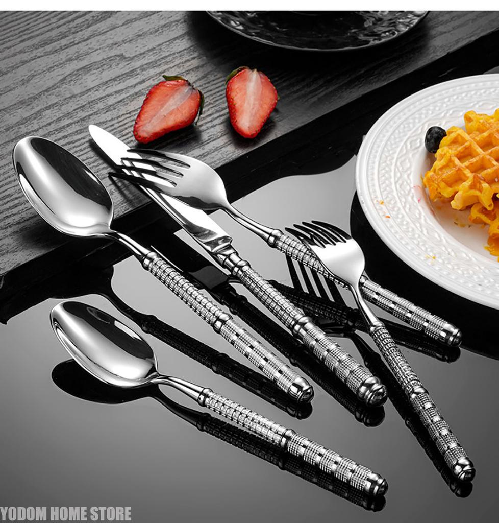 Light Luxury Stainless Steel Tableware Embossed Floral Pattern Knife Fork Spoon Set Durable Silverware for Home Restaurant