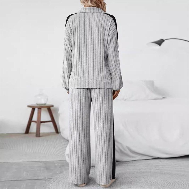 Женский повседневный ребристый спортивный костюм с воротником-поло, дизайн Sense, толстовка с капюшоном, широкие спортивные штаны, комплект из двух предметов