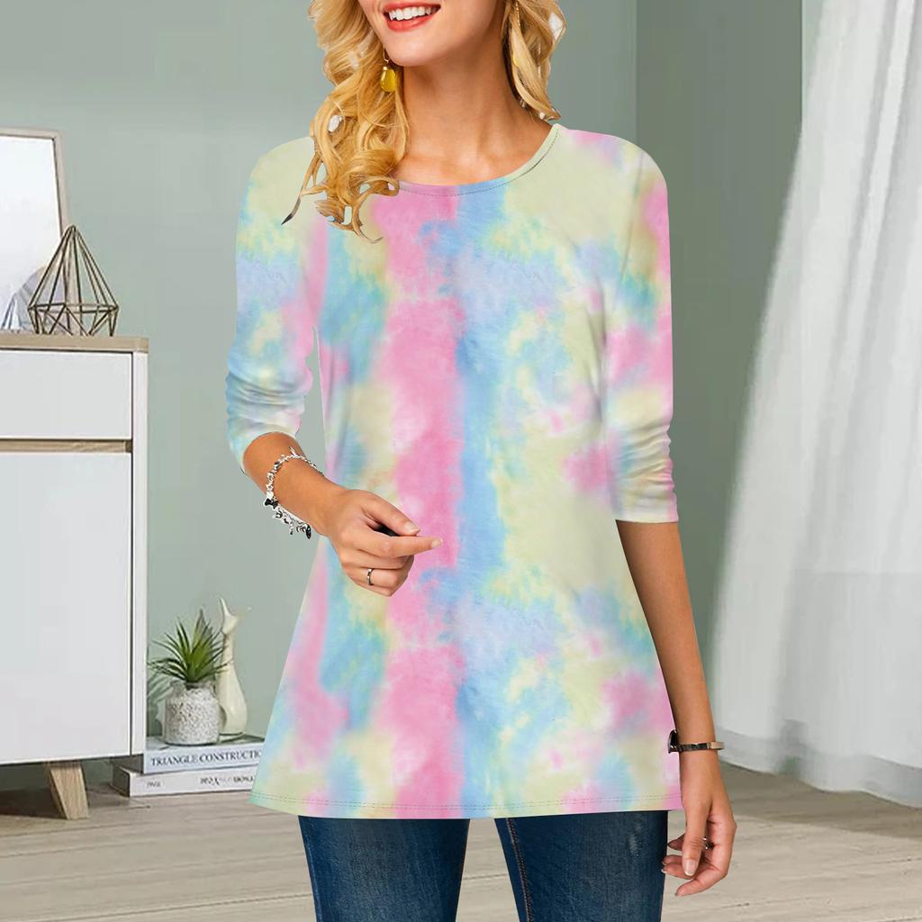 Плюс Размер Женский Цветочный Принт Круглый Вырез Повседневный Свободный Длинный Рукав Топ