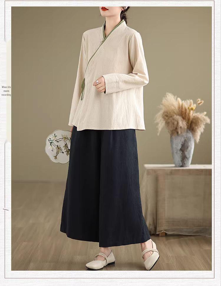 Хлопково-льняная рубашка в стиле Дзен для полных: Ретро в китайском стиле с косым воротником и завязками