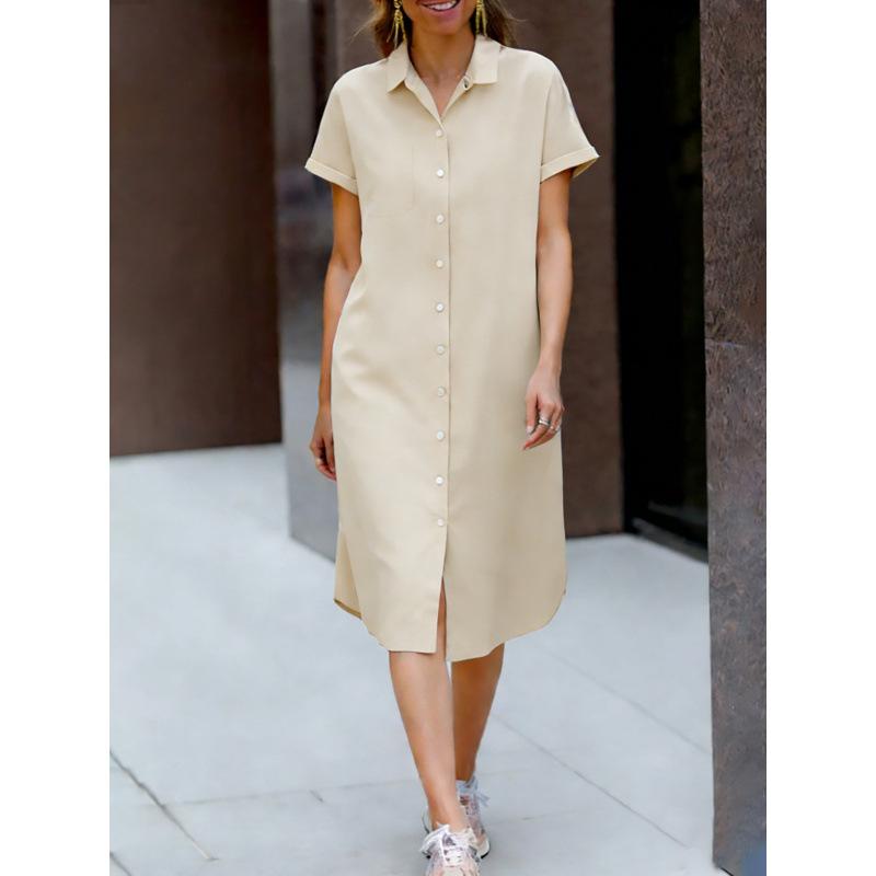 Spring new temperament commuter short-sleeved lapel shirt dress European and American comfortable and casual medium and long styles