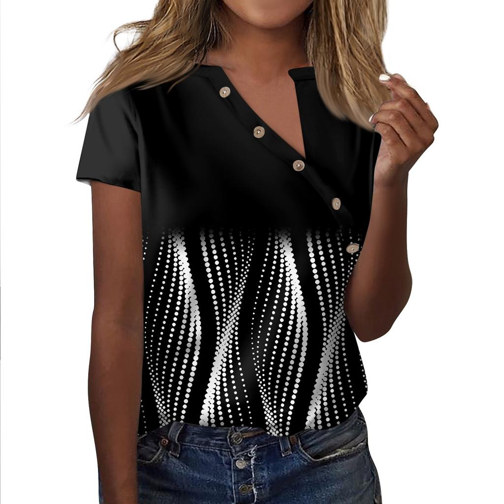 Жен. Футболка Футболка С принтом Пуговицы С короткими рукавами Повседневные Выходные Мода V-образный вырез Обычный Топ