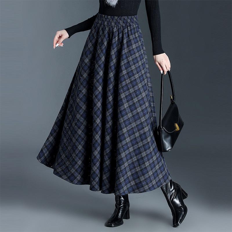 Plaid Drapey A-line Elastic Waist Pleated Midi Skirt - 2025 Winter Slimming Edition