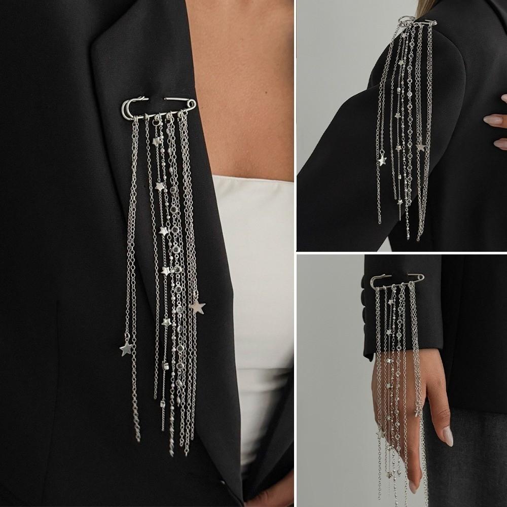 Rhinestone Inlaid Star Brooch Tassel Linked Suit Ornament Fashion Retro Tassel Pin Daily Outfit