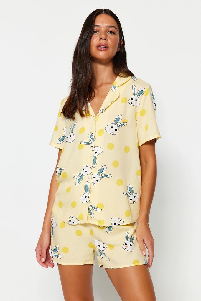 Women's Fashion New Pajama Set Yellow Rabbit Patterned Viscose Shirt-Shorts Woven Pajama Set