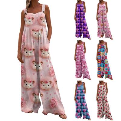 Широкий комбинезон для женщин, повседневный свободный комбинезон без рукавов с принтом и пуговицами, длинные брюки, комбинезон с карманами