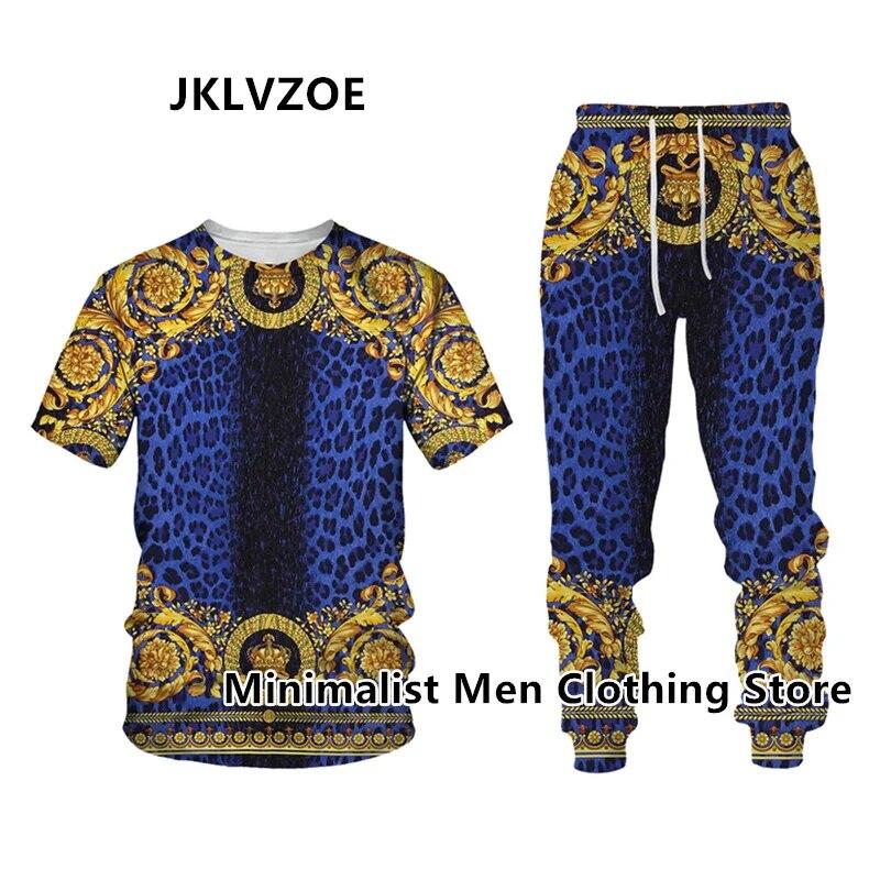 Мужской спортивный костюм, элитный бренд, футболка с коротким рукавом + длинные брюки, комплект из 2 предметов с золотистым 3D принтом, спортивная одежда для бега, повседневная уличная одежда
