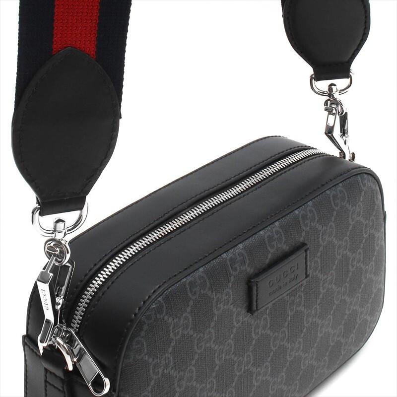Gucci Винтажный Логотип Полоска Тканевый Ремень Кожаный Логотип Холст и Кожа Сумка для Камеры Мужская Сумка на Плечо Черный Серый 574886-K5RLN-1095