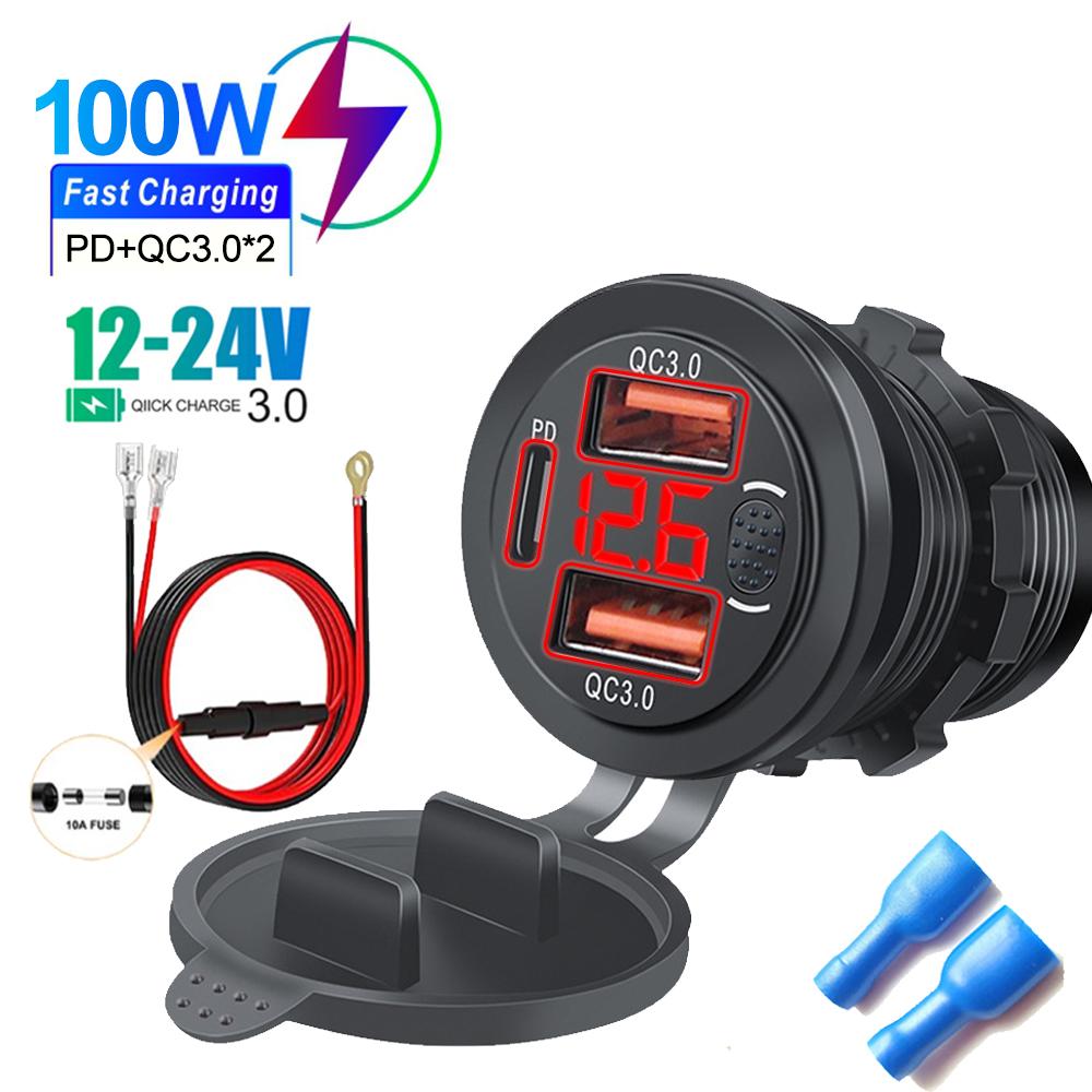 Автомобильное зарядное устройство с тремя портами PD Dual QC3.0 USB-разъем для зарядки с цифровым вольтметром и кнопкой переключения 12 В/24 В для мотоцикла и автомобиля