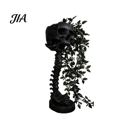 Gothic Skull Planter for Succulents Pothos, Creative Skeleton Flower Pot with Vintage Metal Style Cemetery Art Spine Column, Foliage Plant Container