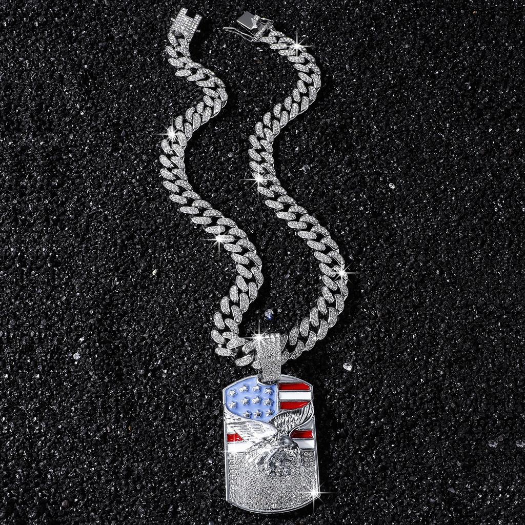 Iced Out American Flag Eagle Charm Pendant Necklace Crystal Cuban Chain Ideal Gift for Culture Lovers