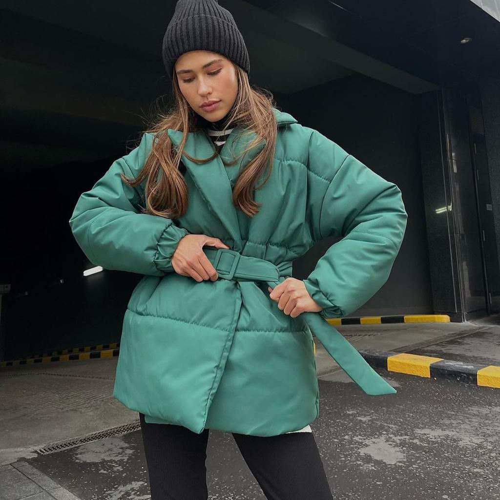 Winter Warm Thicken Women's Coat Turndown Collar Belt Jackets Solid Color Casual Cotton-padded Coats Jacket