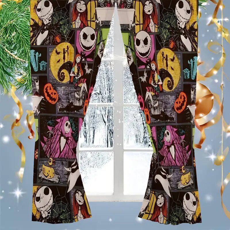 2pcs - Christmas Nightmare pattern printed curtains before Christmas, pole bag curtains, home decoration, room decoration