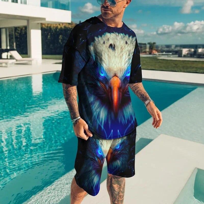 Новый летний уличный мужской комплект спортивной одежды с 3D-принтом льва, футболки, шорты, мужские повседневные комплекты из 2 предметов, спортивные топы