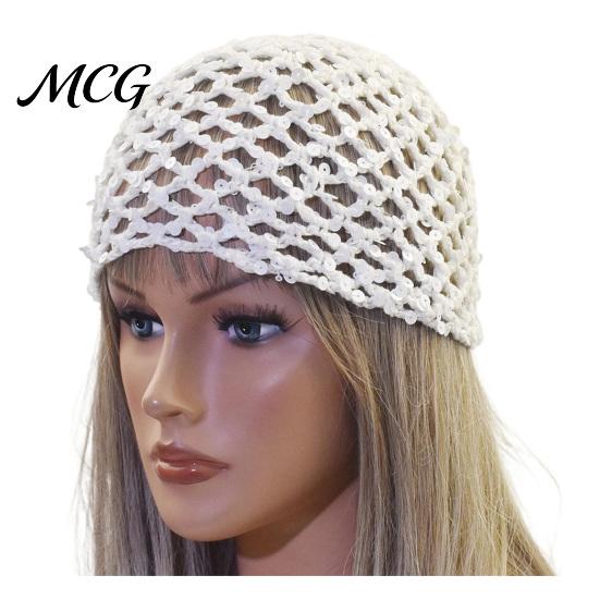 Fishnet Headwear Hat for Women, Breathable Mesh Knitting with Hollow Sequin Design, Elastic Fit Hand-Woven Daily Wear Sparkling