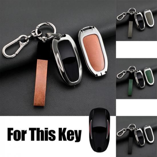 Zinc Alloy Leather Car Key Case Cover Bag With Keychain For Tesla Model S 3