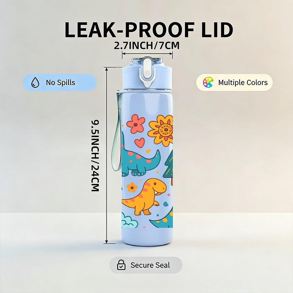 1PC Colorful Dinosaur Group Pattern 750ml Color Plastic Sports Water Bottle Leakproof Flip Straw Lid Suitable for Sports Office Home Use
