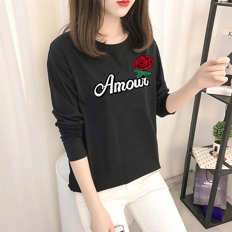 Осень 2023 г. Корейские топы с рисунком - женские футболки с длинными рукавами в однотонных цветах