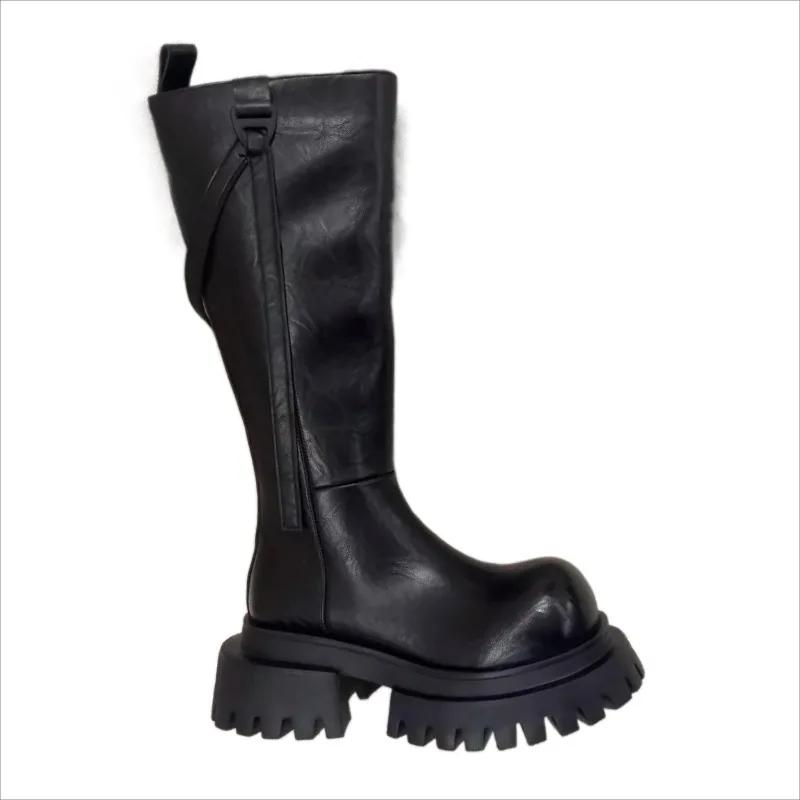 Женские сапоги на платформе до колена, брендовые зимние туфли на высоком каблуке из кожи 2025 года, трендовые дизайнерские готические мотоциклетные ботинки на толстой подошве Mujer