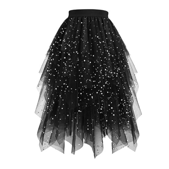 Женская юбка Звездное небо Двухслойная сетка Высокая талия Неровный подол Асимметричный высокий разрез Юбка для вечеринки/выступления