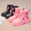 Pink/black Girls Leather Boots with Low Cut Anti Slip Side Zipper Winter Outdoor Girls Fashion Cotton BootsBotas Zapatos De Niña