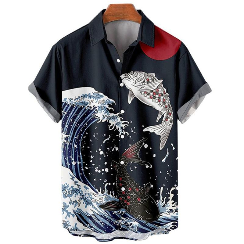 Men's Hawaiian Retro Waves Shirts 3D Printed Short Sleeves Casual Lapel Beach Style Tops Fashion Versatile Style Clothing